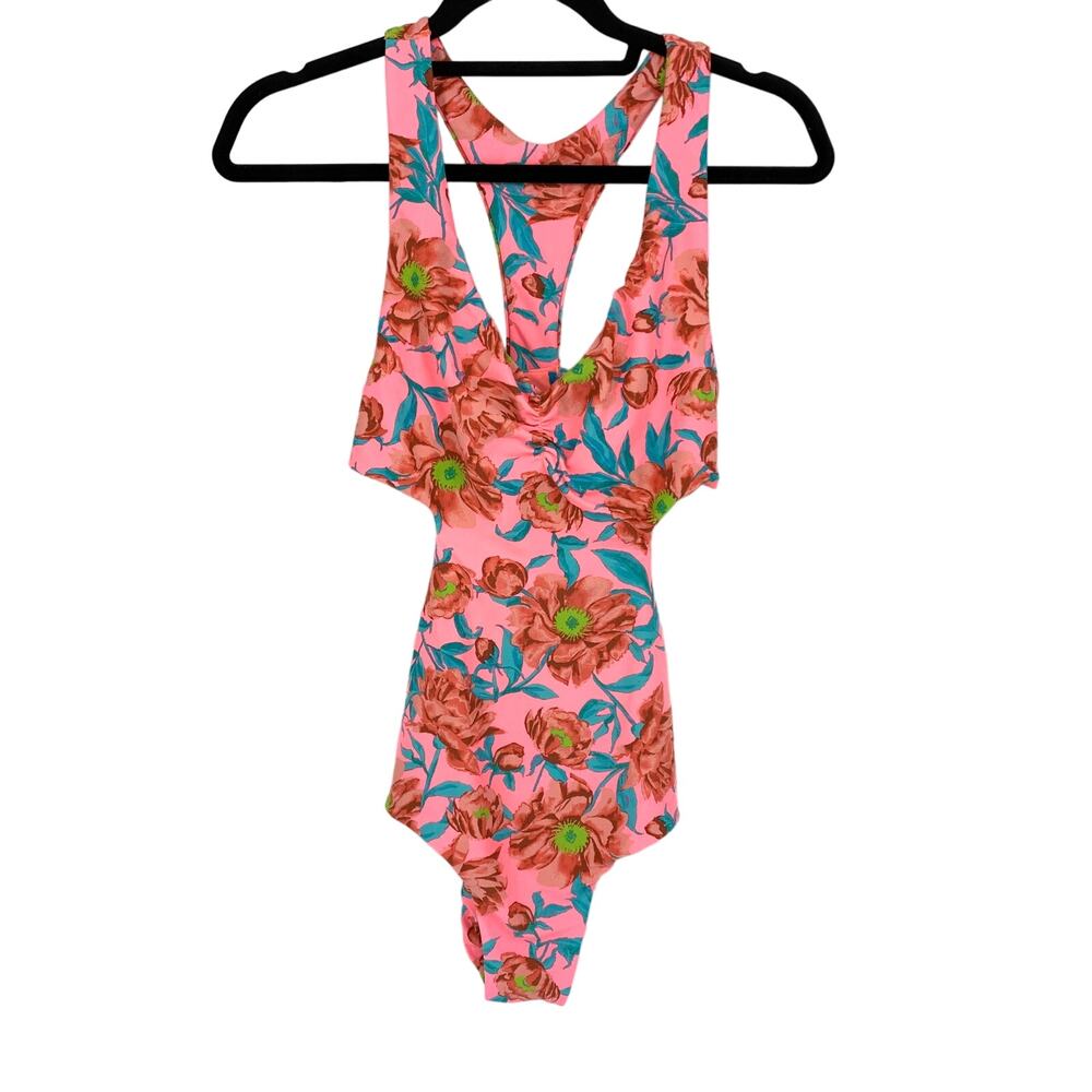 Tori Praver One Piece Swimsuit Womens Medium Cut Out Racerback Pink Floral Print